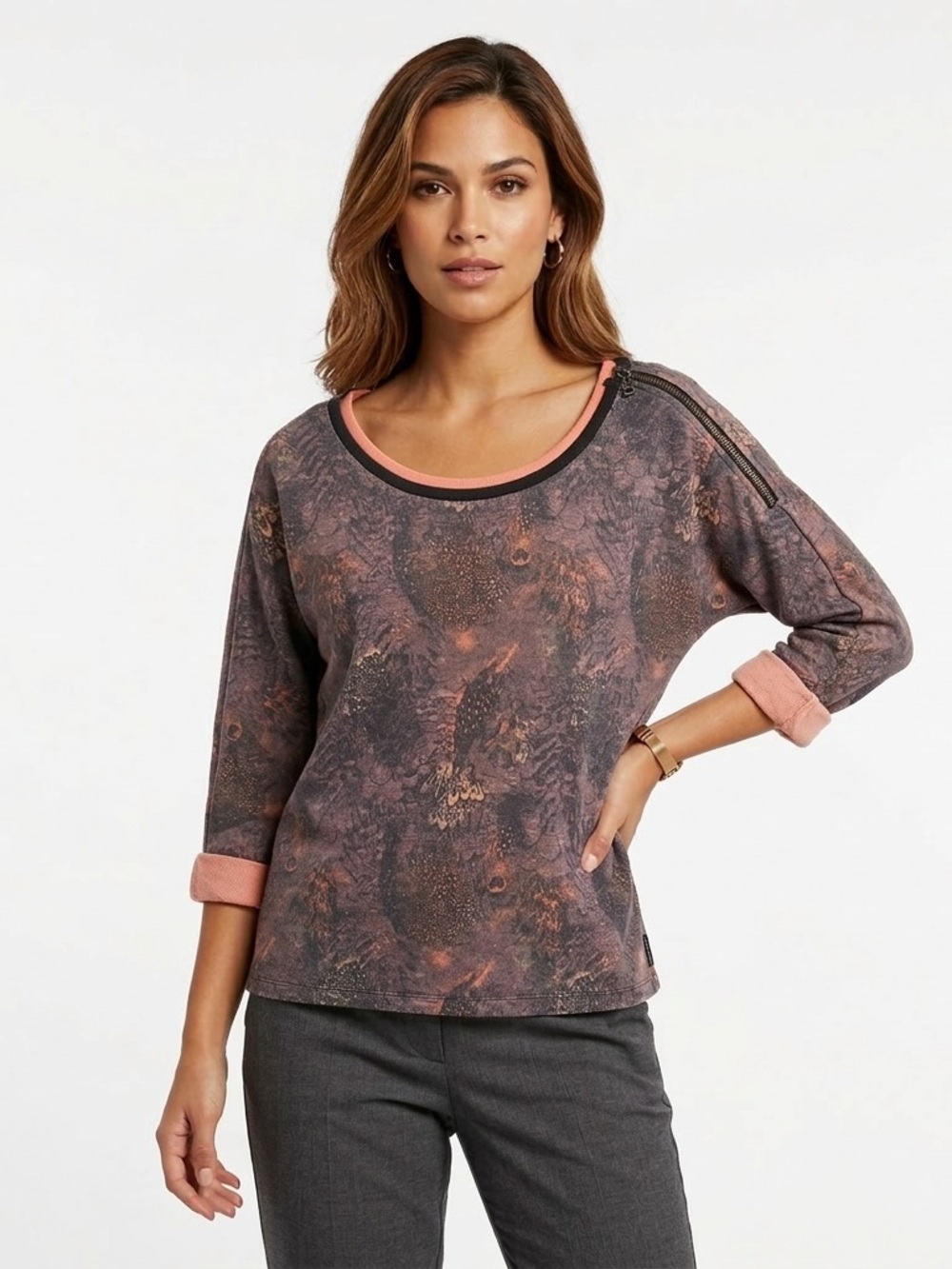 Maison Scotch Women Bird Print Shoulder Zip French Terry Sweatshirt M